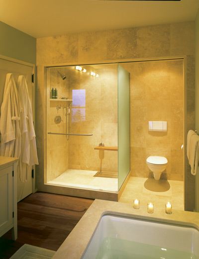 Hot water for the efficient, tranquil and modern bathroom—with paper-free gypsum on the walls—is supplied free by the geothermal system.